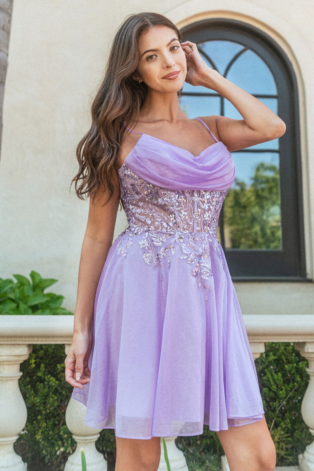 Applique Short Sleeveless Dress by Elizabeth K GS3507 - XS / Lilac - Short Cocktail Dresses