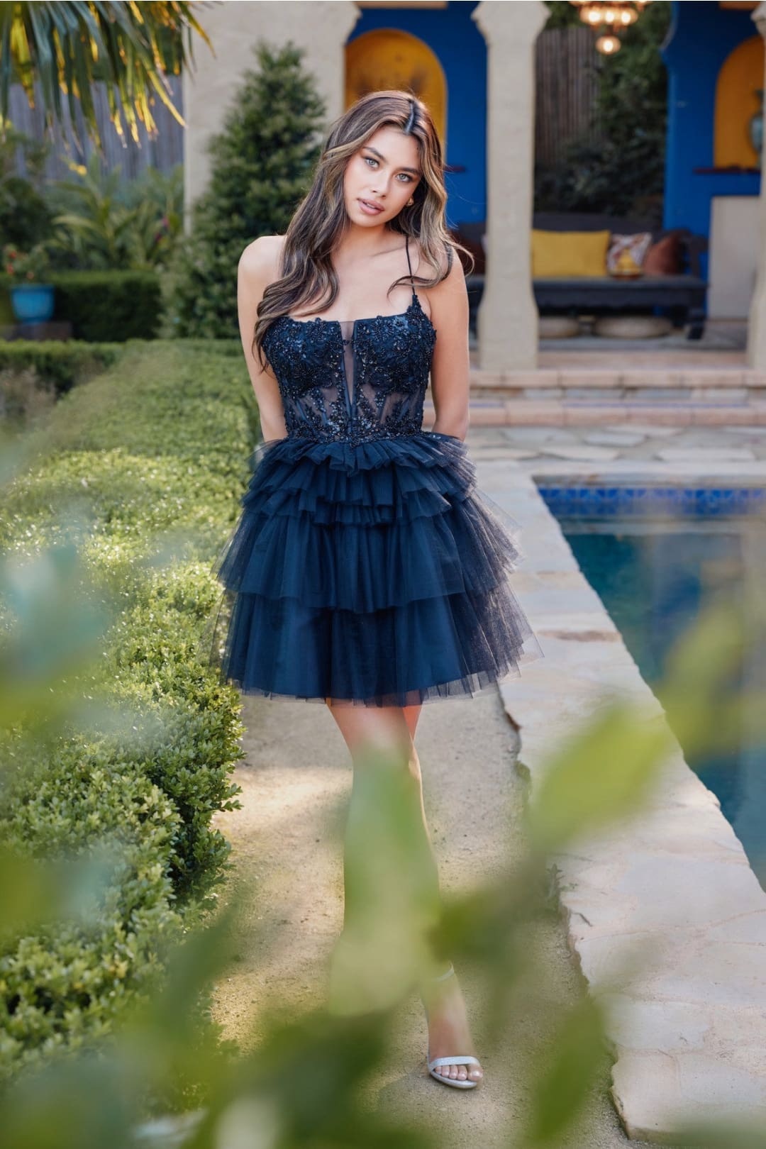 Applique Short Sleeveless Ruffled Dress by Juliet JT935K - Short Cocktail Dresses