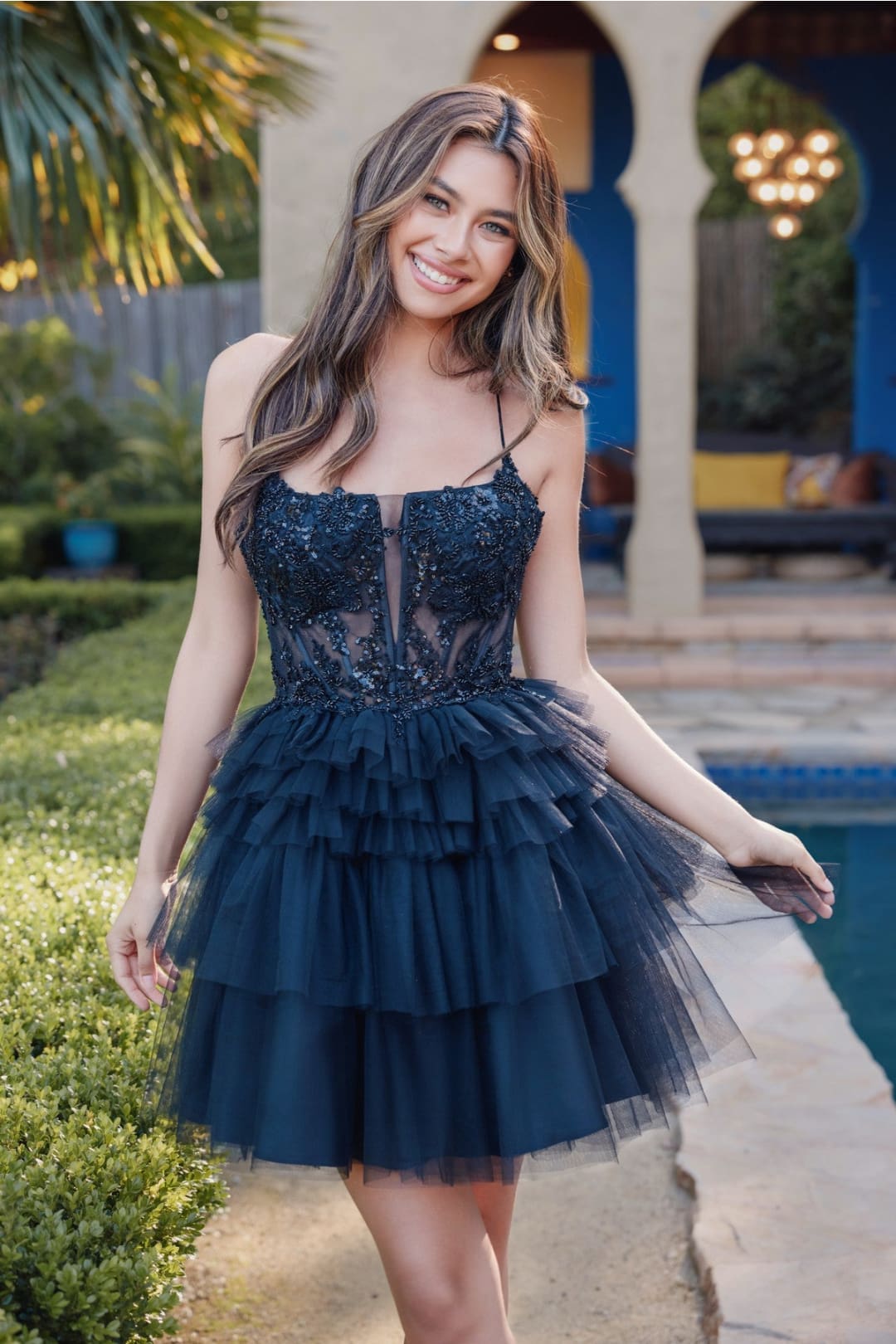 Applique Short Sleeveless Ruffled Dress by Juliet JT935K - Black / 2 - Short Cocktail Dresses