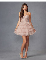 Applique Short Sleeveless Tiered Dress by Juliet JT923S