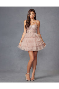 Applique Short Sleeveless Tiered Dress by Juliet JT923S - Short Cocktail Dresses