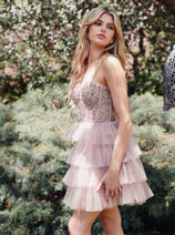 Applique Short Sleeveless Tiered Dress by Juliet JT923S