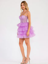 Applique Short Sleeveless Tiered Dress by Juliet JT923S