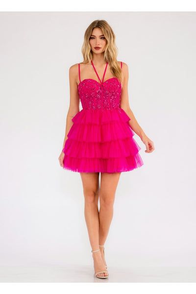 Applique Short Sleeveless Tiered Dress by Juliet JT923S - Fuchsia / 2 - Short Cocktail Dresses