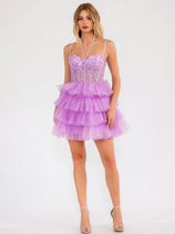 Applique Short Sleeveless Tiered Dress by Juliet JT923S