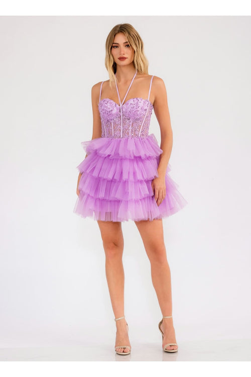 Applique Short Sleeveless Tiered Dress by Juliet JT923S - Lilac / 2 - Short Cocktail Dresses