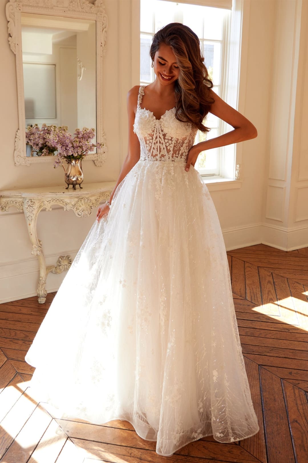 Applique Sleeveless A-line Bridal Gown by Juliet JT2495AW - Off White / 2 Applique Sleeveless A-line Bridal Gown by Juliet JT2495AW - Off White / 2
