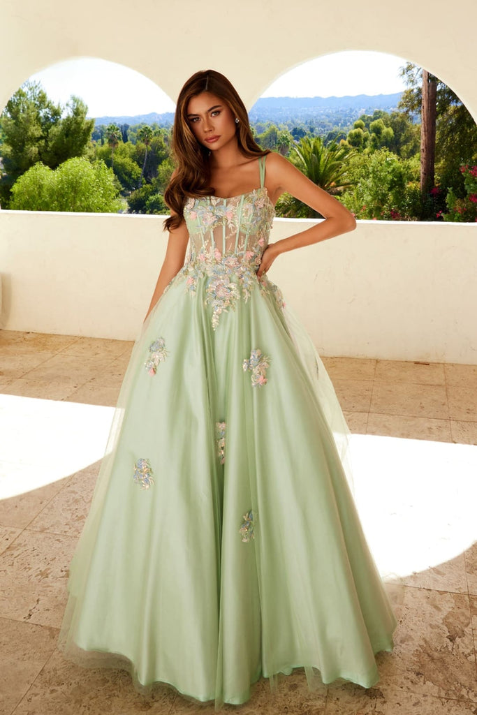 Applique Sleeveless A-line Gown by Juliet JT2565U - Sage Green / 2 - Long Formal Dresses