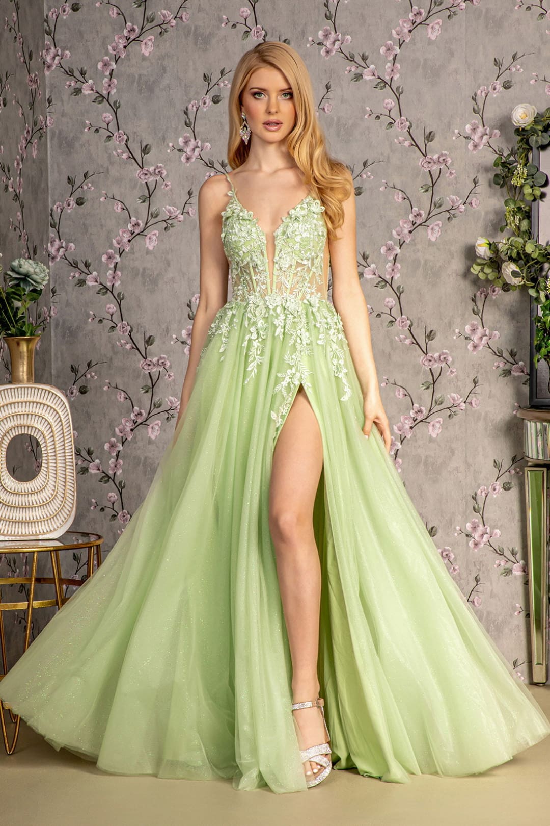 Applique Sleeveless A-line Slit Gown by GLS Gloria GL3202 - XS / Light Green - Long Formal Dresses