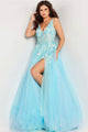 Applique Sleeveless A-line Slit Gown by Jovani 26045 - 00 / Turquoise - Long Formal Dresses