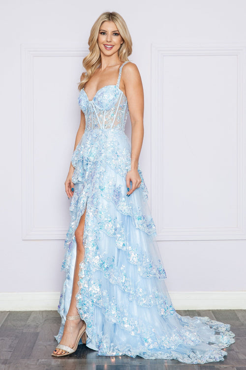 Poly USA 9410 Applique Sleeveless Layered Slit Gown