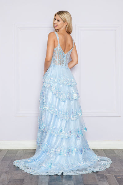 Poly USA 9410 Applique Sleeveless Layered Slit Gown