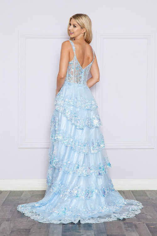 Poly USA 9410 Applique Sleeveless Layered Slit Gown