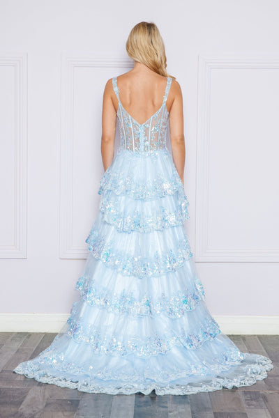 Poly USA 9410 Applique Sleeveless Layered Slit Gown