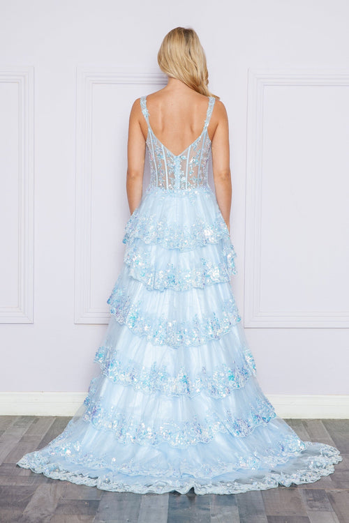 Poly USA 9410 Applique Sleeveless Layered Slit Gown