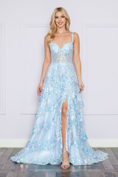 Poly USA 9410 Applique Sleeveless Layered Slit Gown