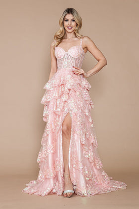 Poly USA 9410 Applique Sleeveless Layered Slit Gown
