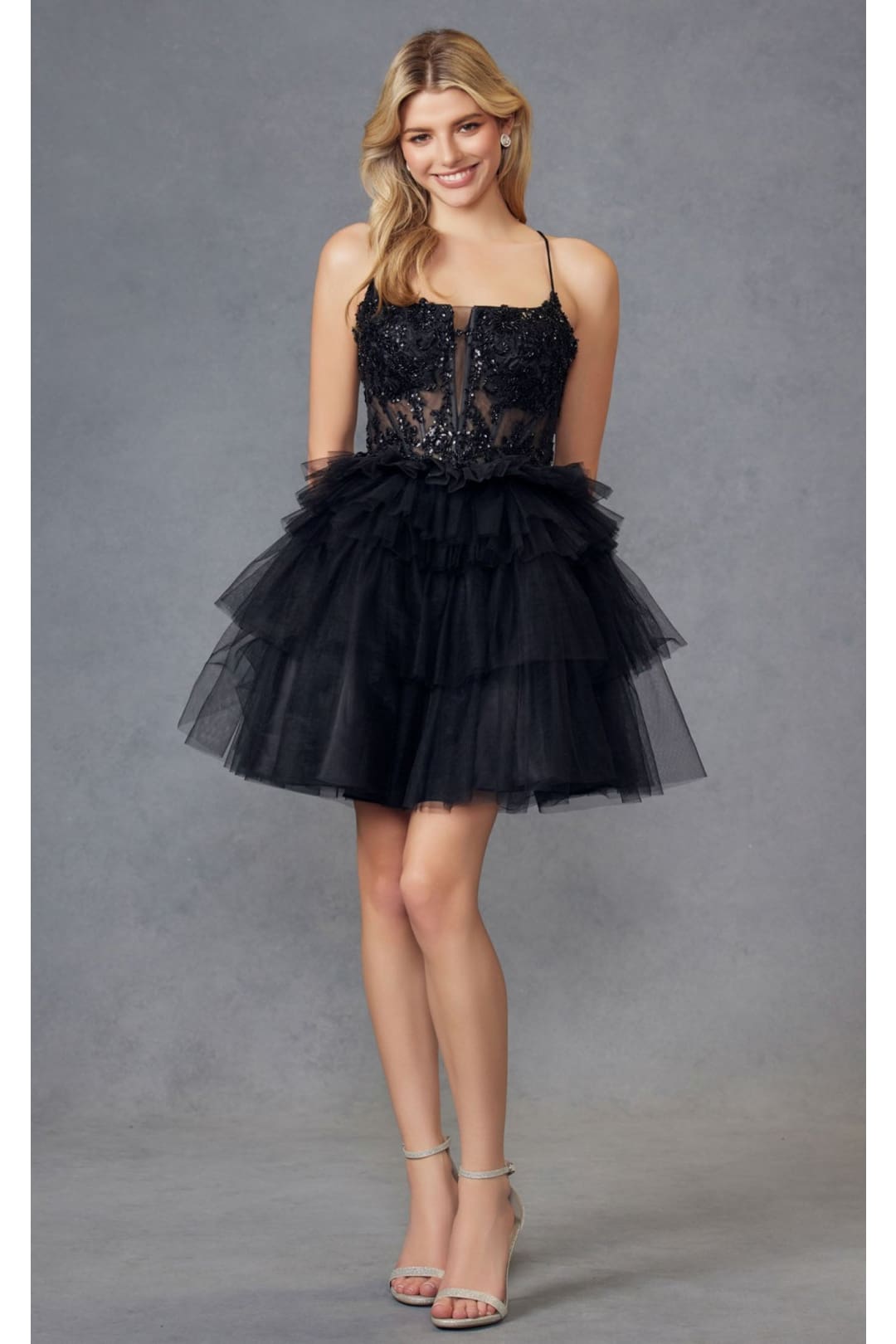 Appliqu Sleeveless Short Ruffled Dress by Juliet JT935K Black / 10 Appliqu Sleeveless Short Ruffled Dress by Juliet JT935K Black / 10