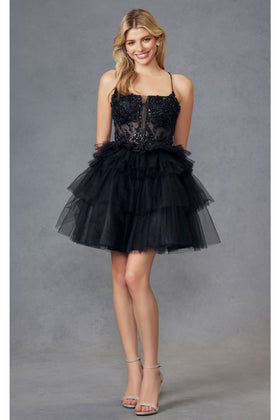 Appliqué Sleeveless Short Ruffled Dress by Juliet JT935K