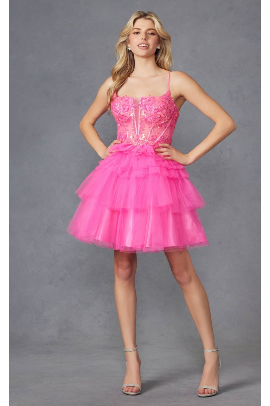 Appliqué Sleeveless Short Ruffled Dress by Juliet JT935K Hot Pink / 4