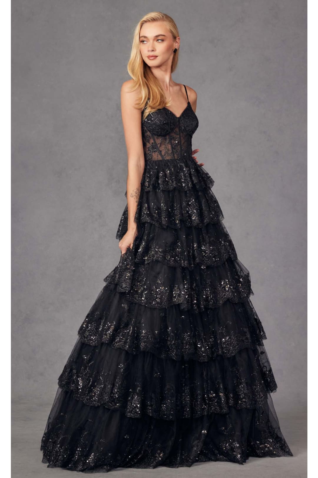 Applique Sleeveless Tiered Gown by Juliet JT2454K - Dress