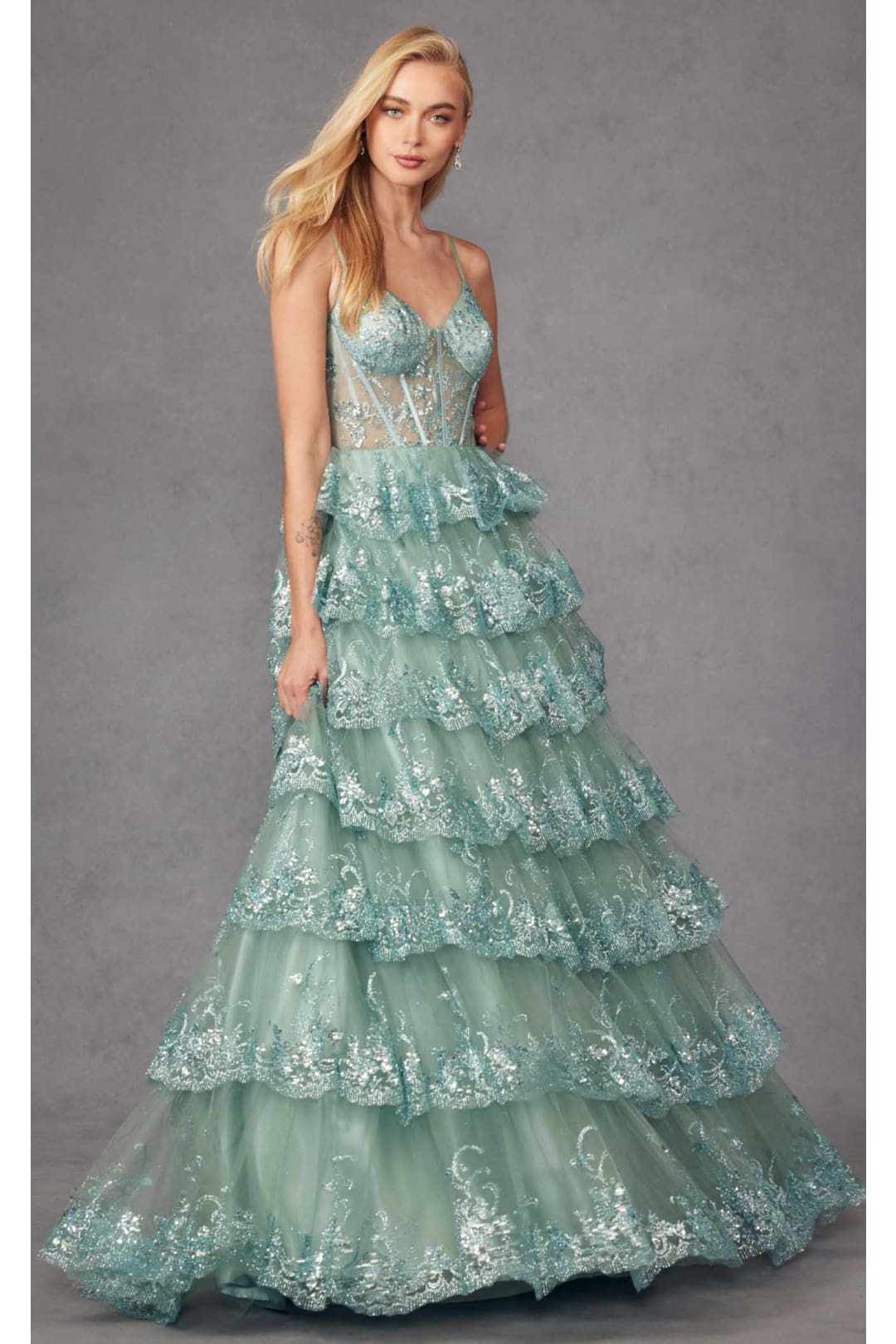 Applique Sleeveless Tiered Gown by Juliet JT2454K - Dress