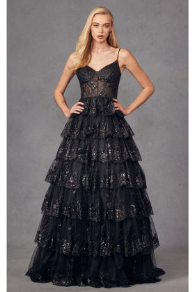 Applique Sleeveless Tiered Gown by Juliet JT2454K