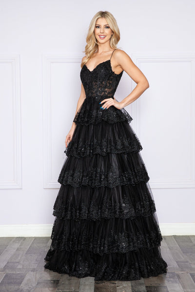 Poly USA 9402 Applique Sleeveless Tiered Layered Gown