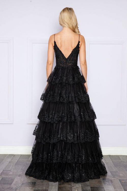 Poly USA 9402 Applique Sleeveless Tiered Layered Gown