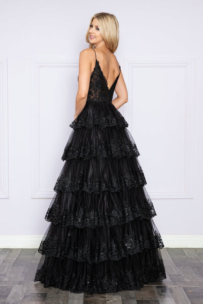 Poly USA 9402 Applique Sleeveless Tiered Layered Gown