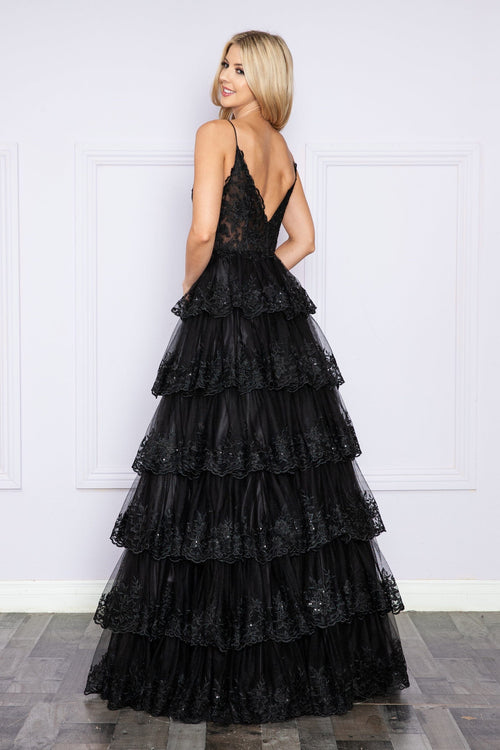 Poly USA 9402 Applique Sleeveless Tiered Layered Gown