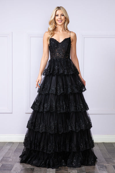 Poly USA 9402 Applique Sleeveless Tiered Layered Gown