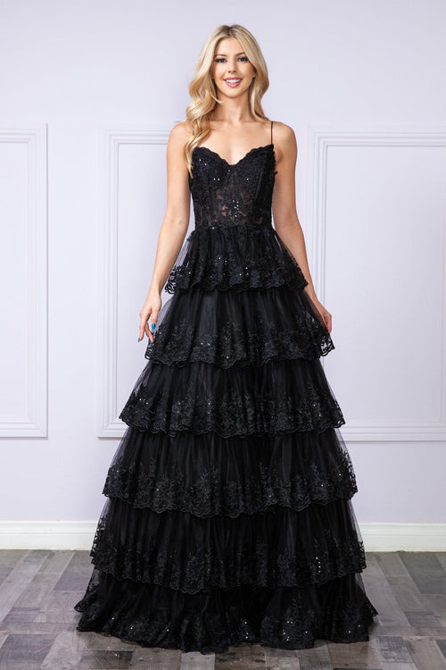 Poly USA 9402 Applique Sleeveless Tiered Layered Gown