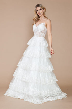 Poly USA 9402 Applique Sleeveless Tiered Layered Gown