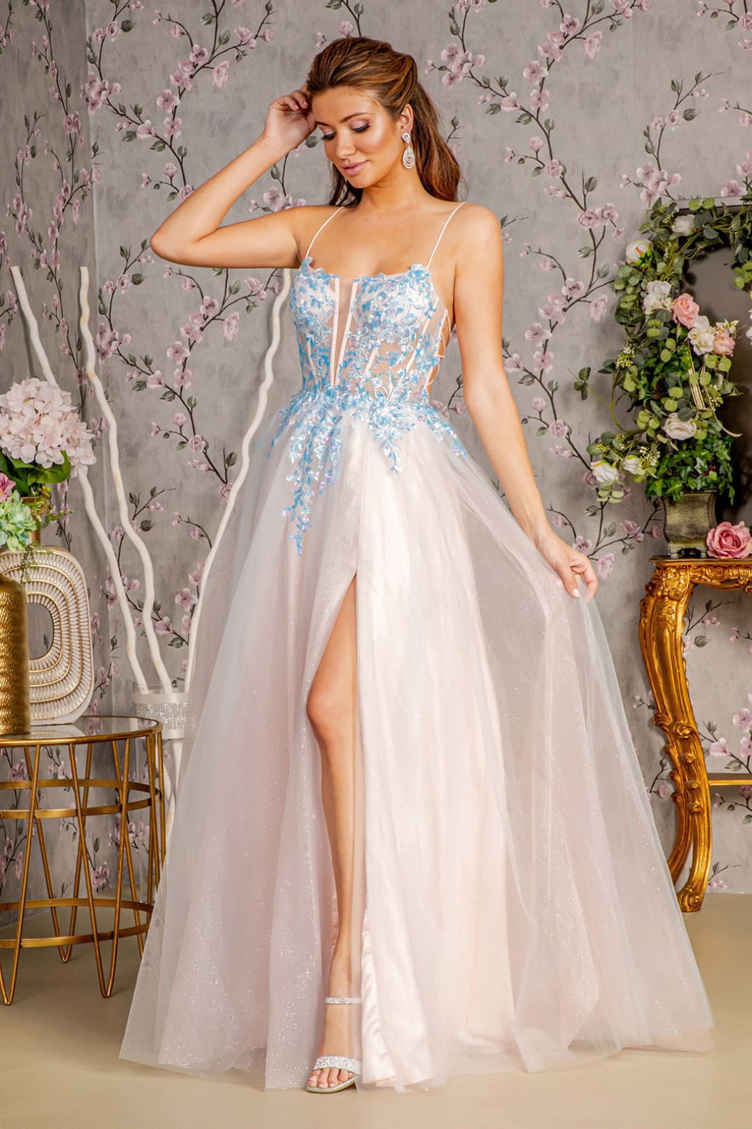 two tone formal dresses Applique Sleeveless Two-Tone Gown by GLS Gloria GL3251 M / Blue/Peach