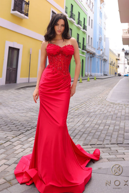 Nox Anabel C1345 Strapless Applique Mermaid Long Corset Evening Gown with Train
