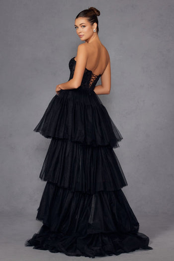 Applique Strapless High Low Gown by Juliet JT2488S - Long Formal Dresses