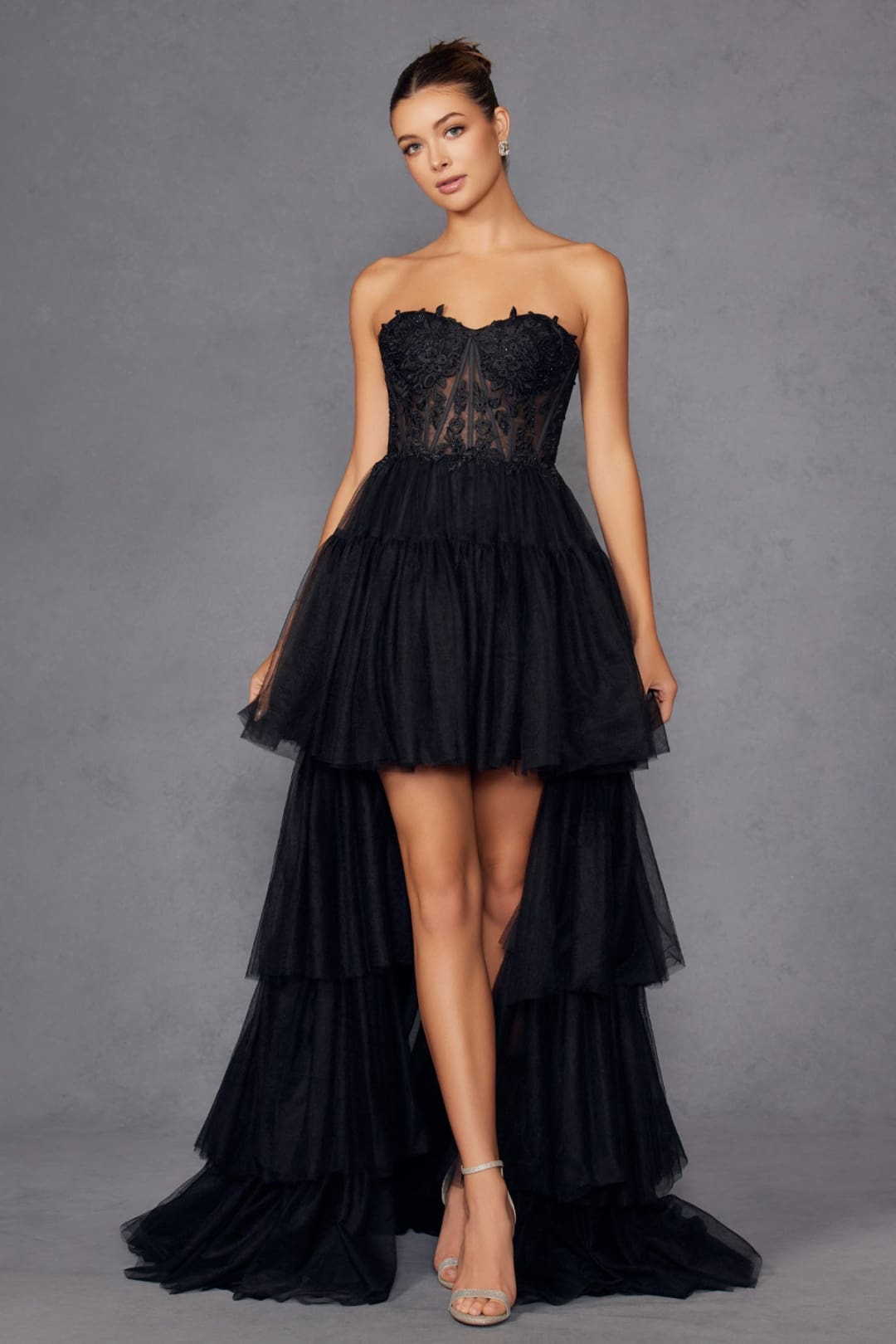 Applique Strapless High Low Gown by Juliet JT2488S - Long Formal Dresses