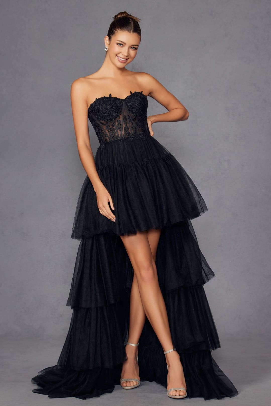 Applique Strapless High Low Gown by Juliet JT2488S - Long Formal Dresses