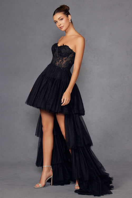 Applique Strapless High Low Gown by Juliet JT2488S - Long Formal Dresses