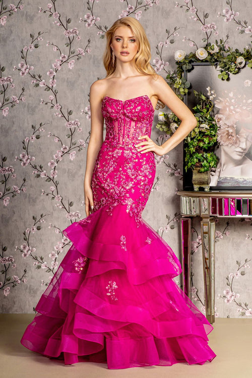 Applique Strapless Tiered Mermaid Dress by GLS Gloria GL3216 - XS / Magenta - Long Formal Dresses