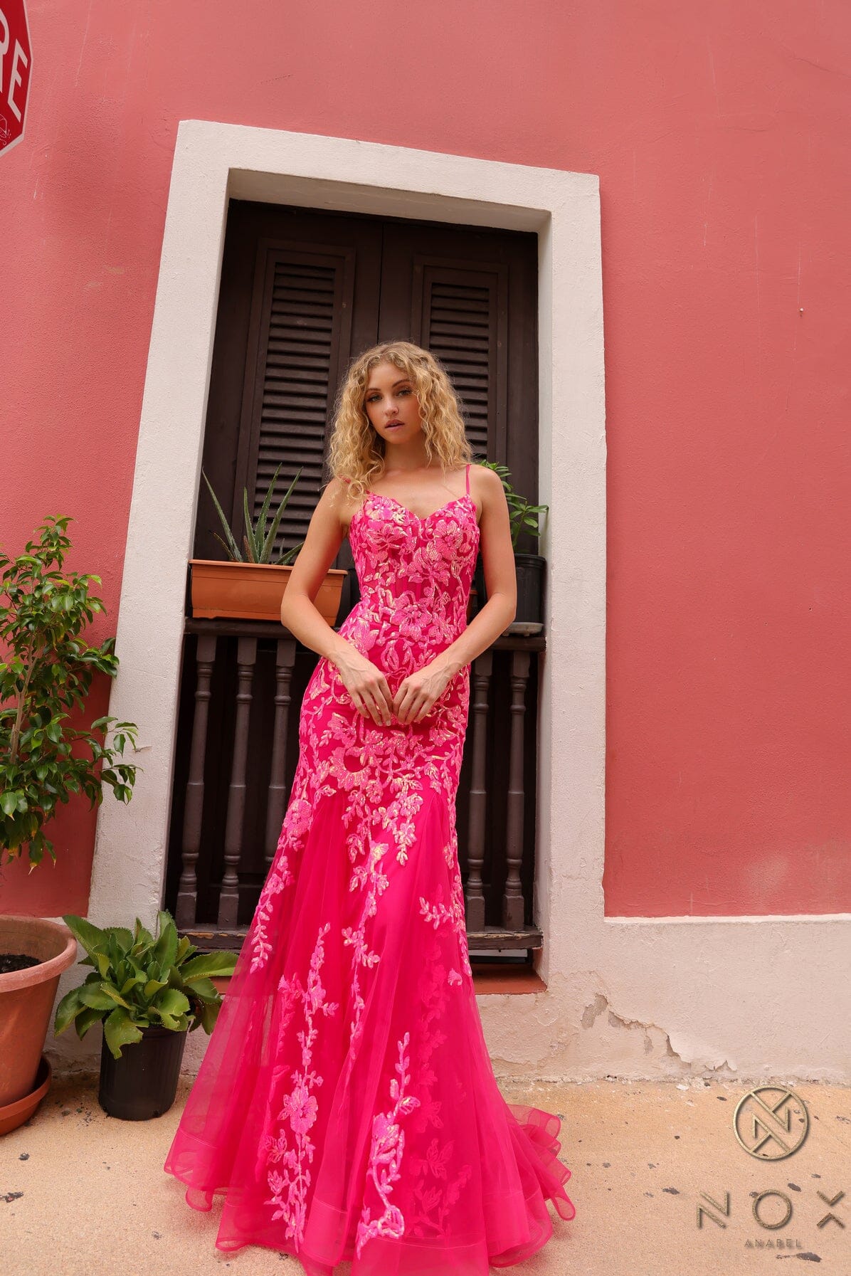 Nox Anabel Q1390 V-Neck Applique Mermaid Long Corset Evening Gown with Train