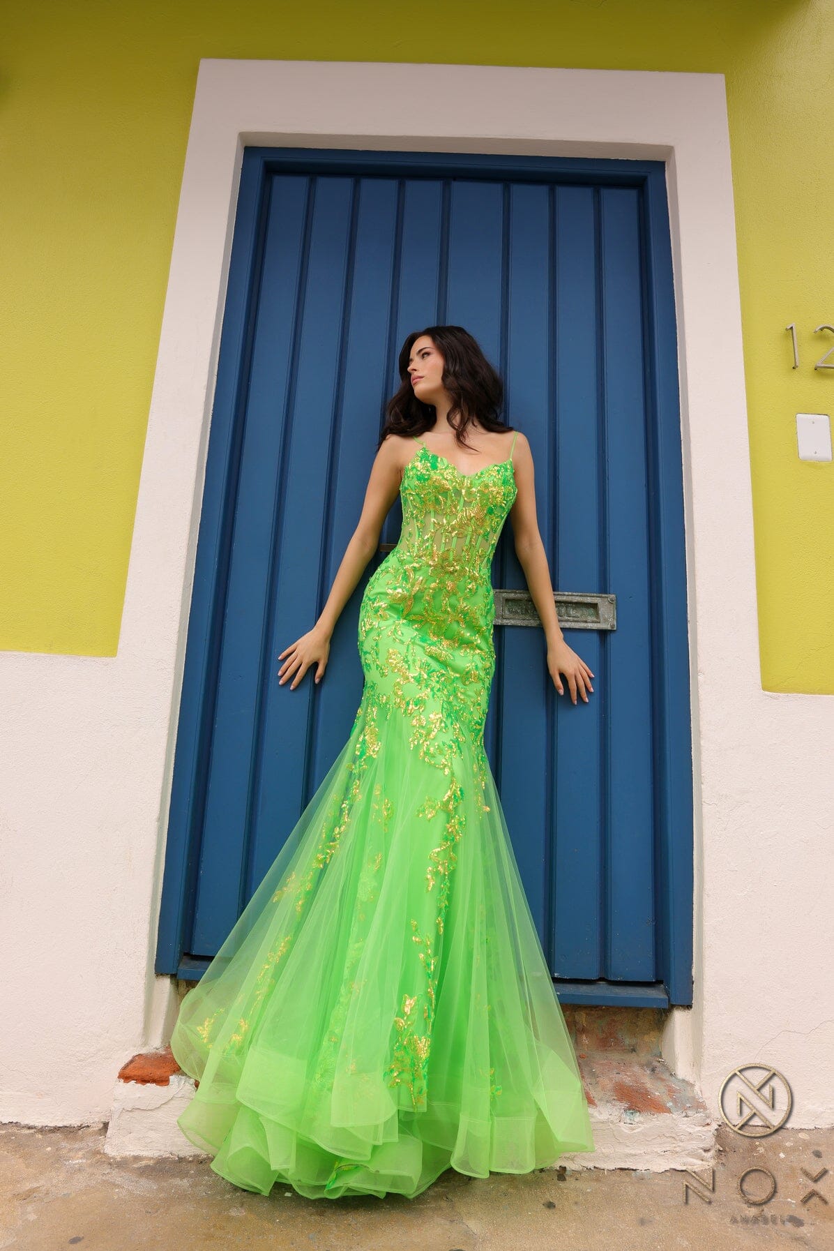 Nox Anabel Q1390 V-Neck Applique Mermaid Long Corset Evening Gown with Train