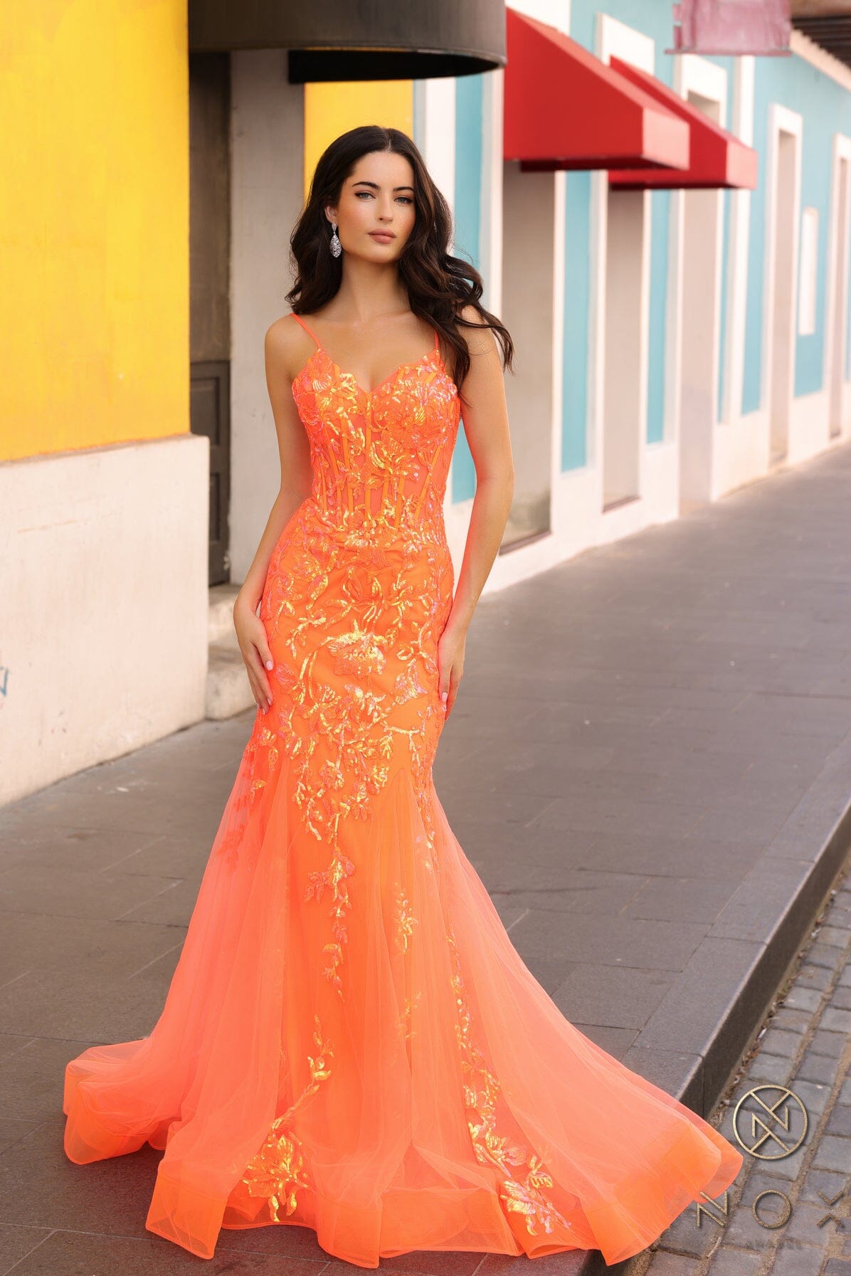 Nox Anabel Q1390 V-Neck Applique Mermaid Long Corset Evening Gown with Train