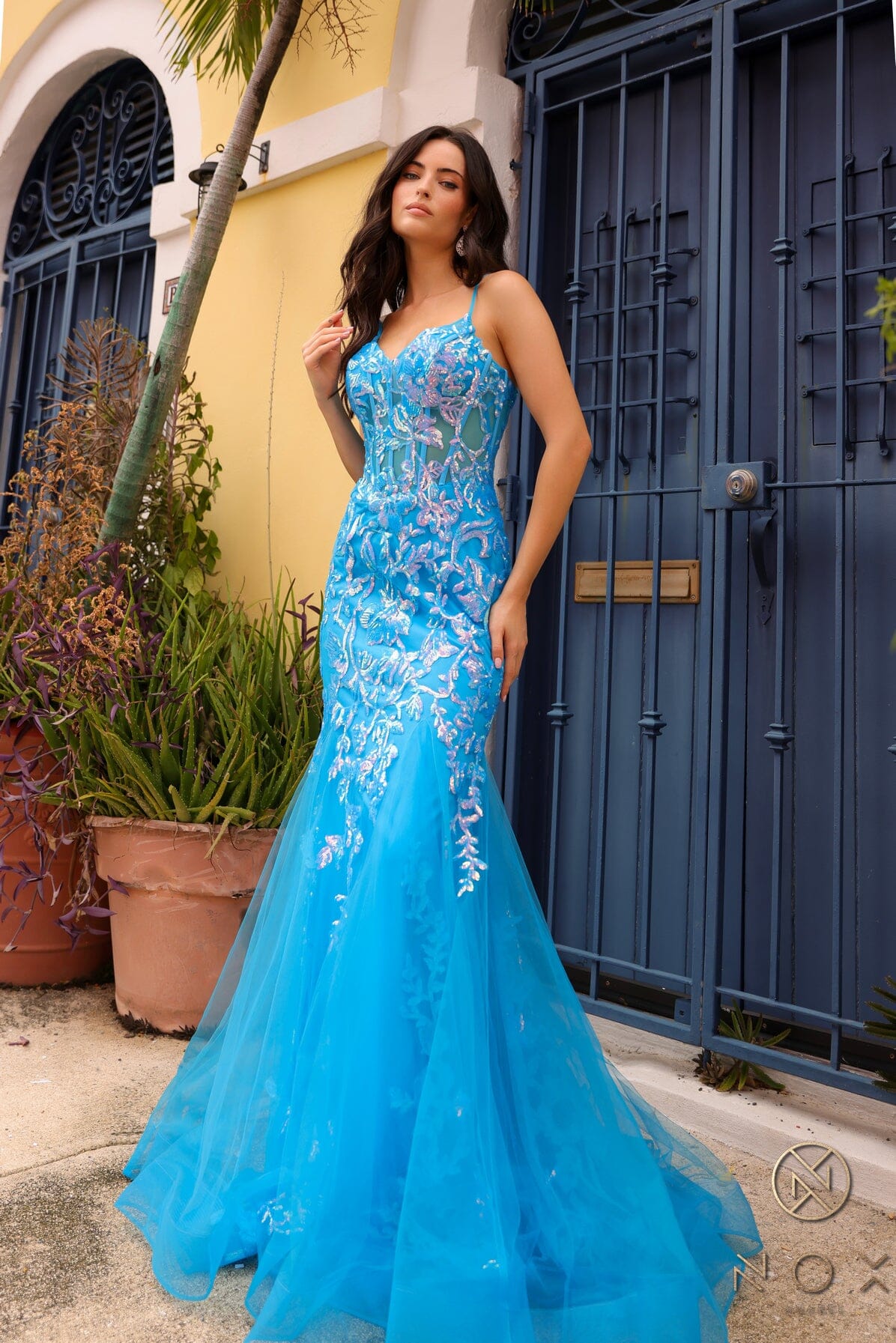Nox Anabel Q1390 V-Neck Applique Mermaid Long Corset Evening Gown with Train