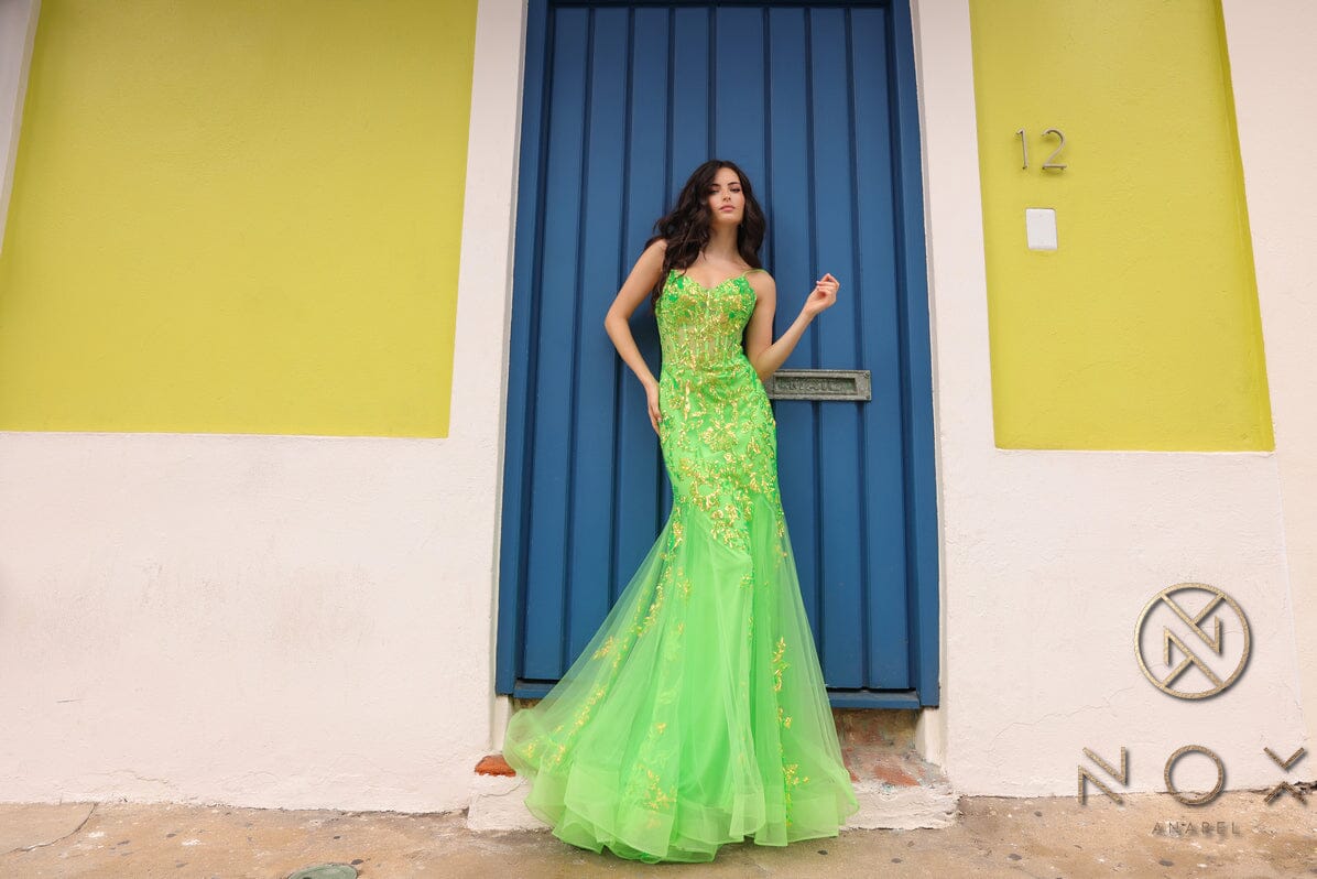 Nox Anabel Q1390 V-Neck Applique Mermaid Long Corset Evening Gown with Train