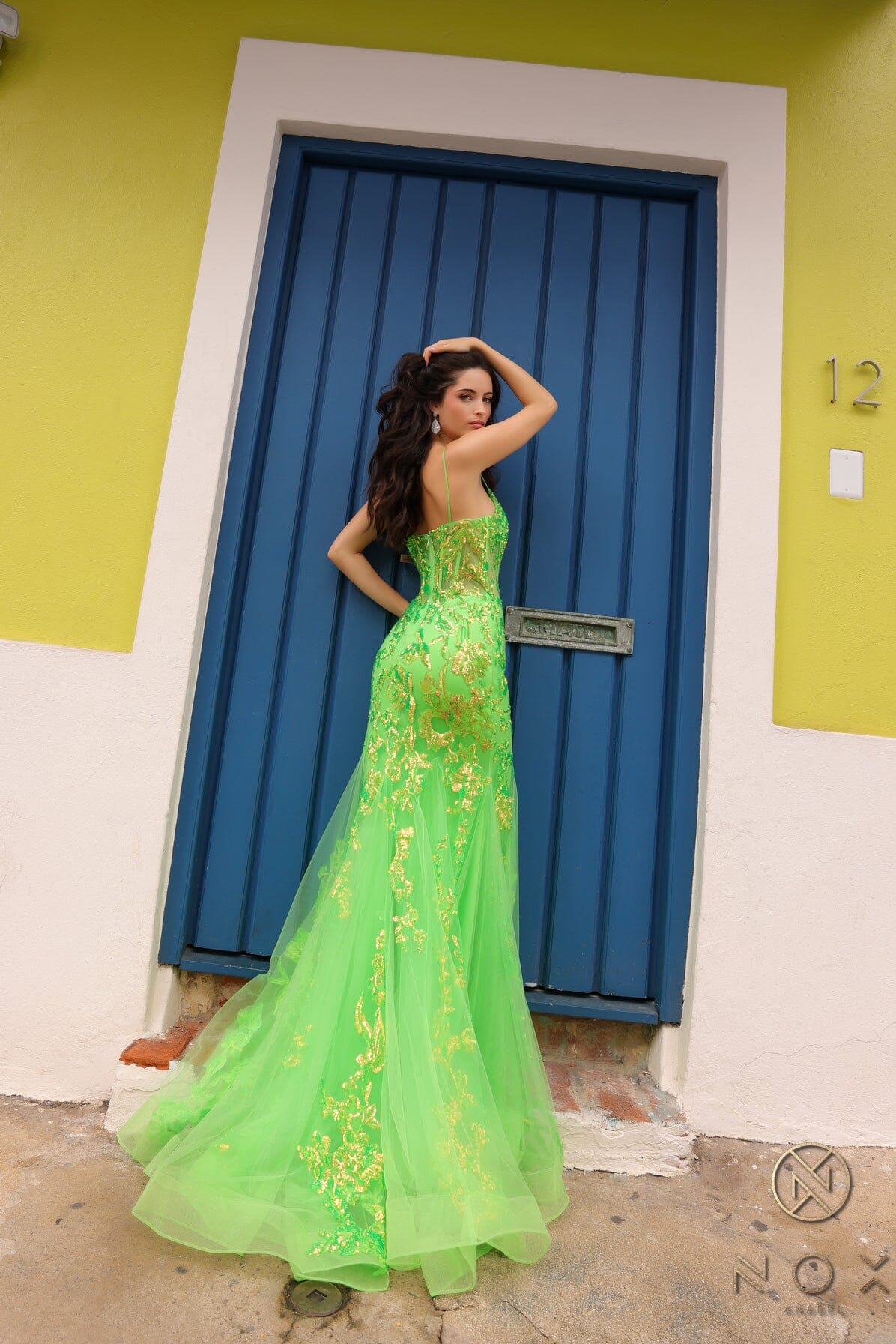 Nox Anabel Q1390 V-Neck Applique Mermaid Long Corset Evening Gown with Train