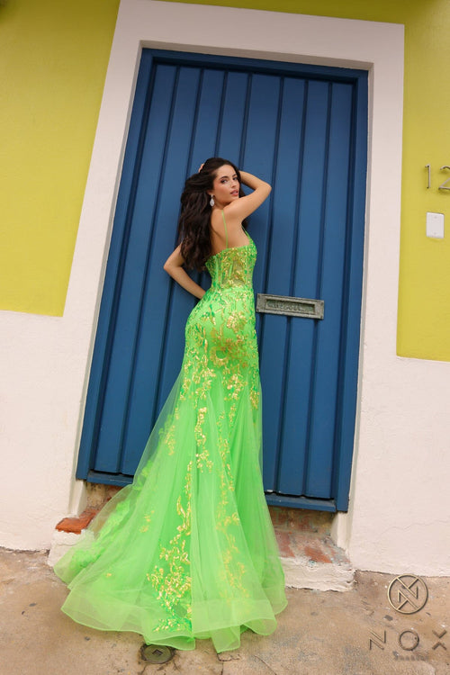 Nox Anabel Q1390 V-Neck Applique Mermaid Long Corset Evening Gown with Train