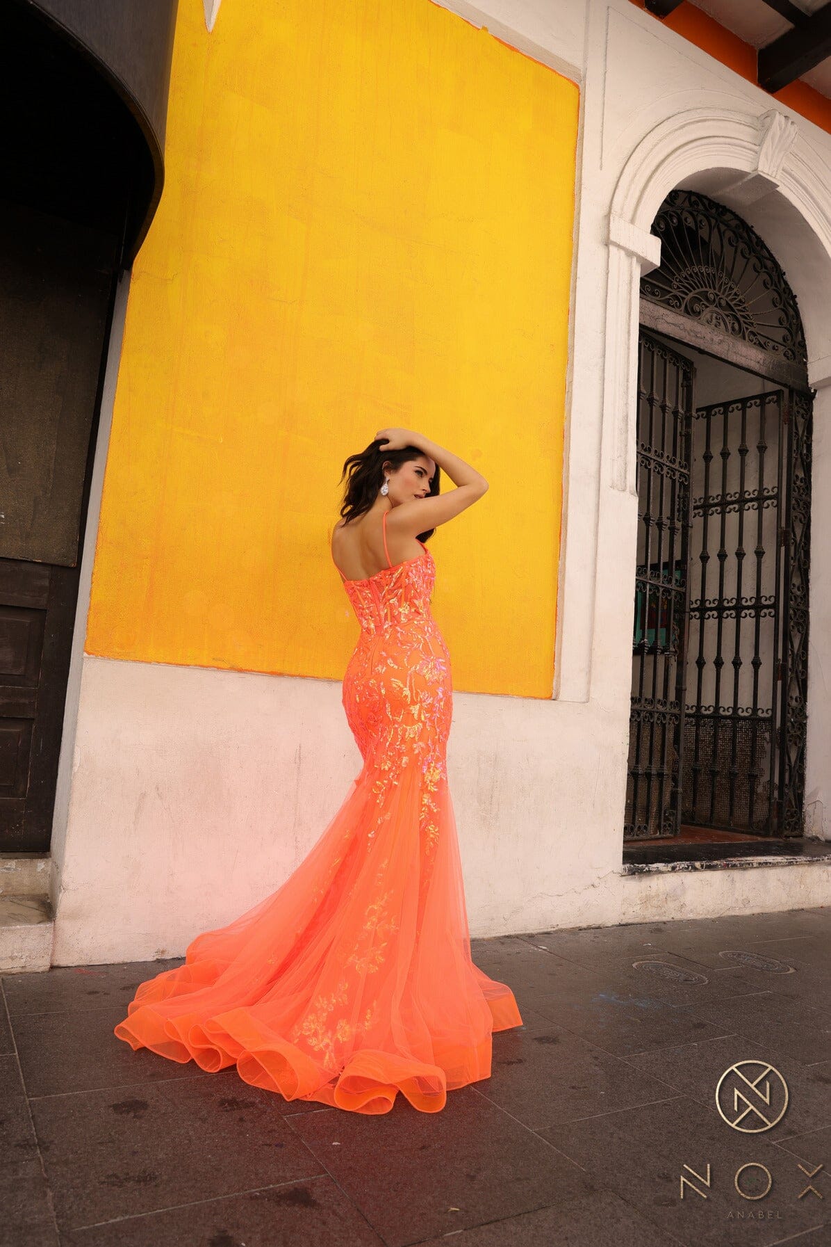 Nox Anabel Q1390 V-Neck Applique Mermaid Long Corset Evening Gown with Train