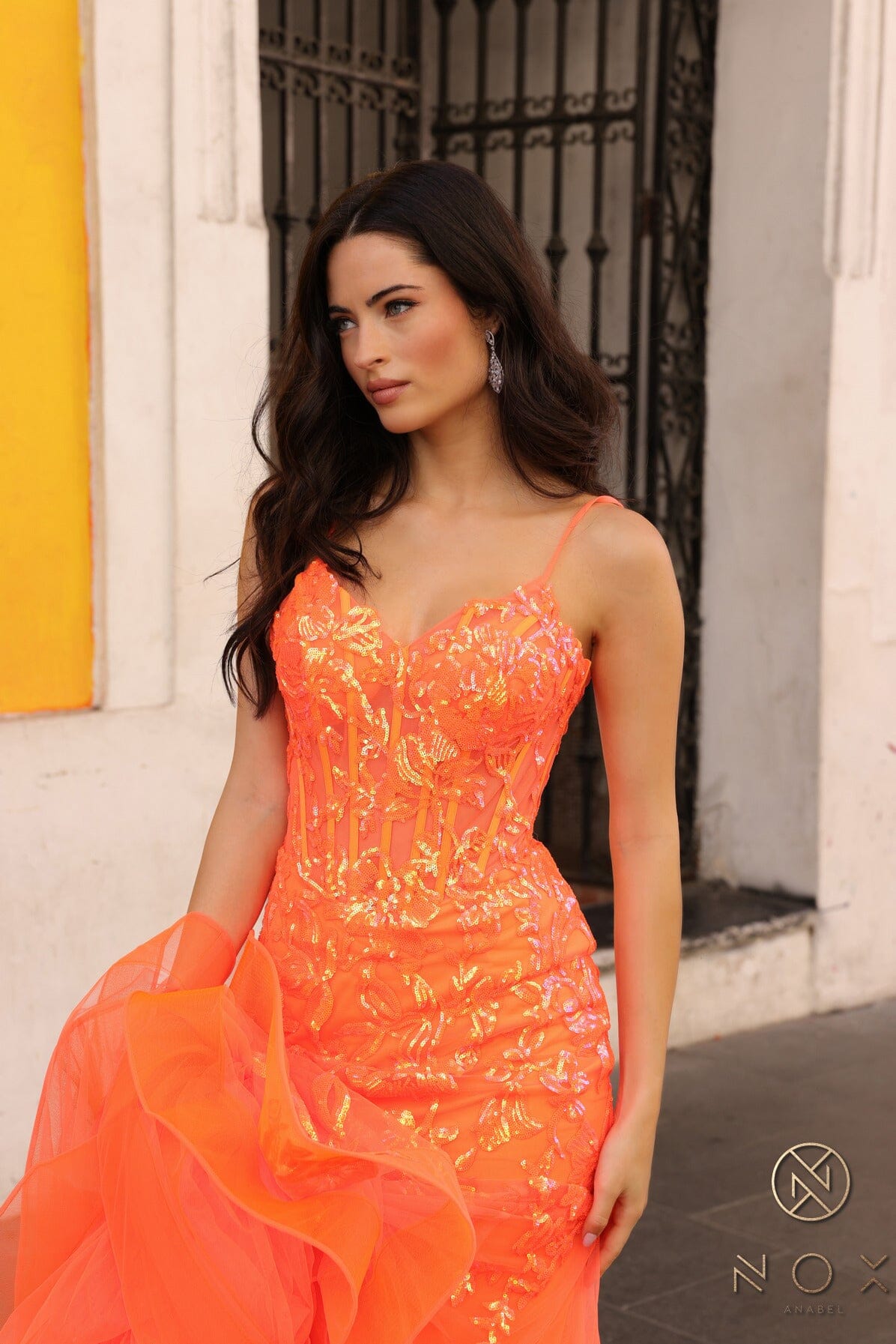 Nox Anabel Q1390 V-Neck Applique Mermaid Long Corset Evening Gown with Train